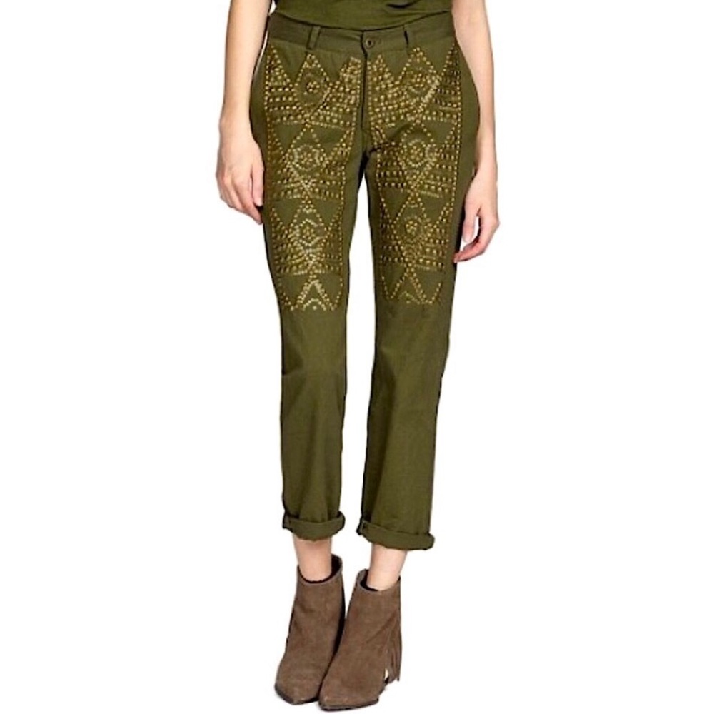 Miss Me Studded Crop Pants Size 2 Olive Green Gold Embellished Boho Cuffed